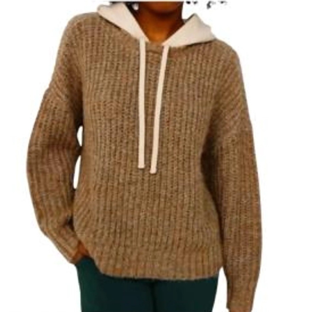 Aerie OFFLINE Sweater Hoodie Women‎ Large Brown Ribbed Knit Pullover Cozy Comfy